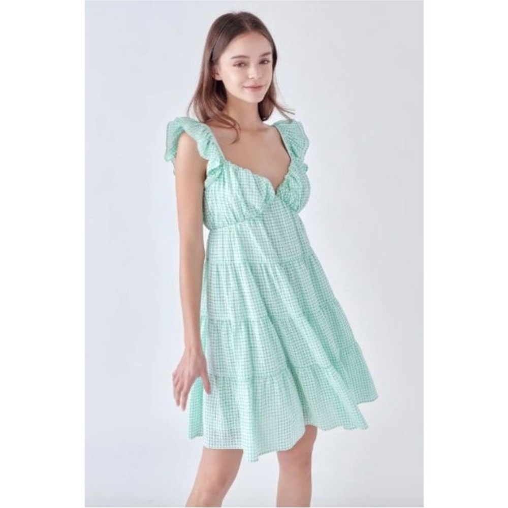 Tuckernuck || English Factory Tiered Mini Dress Gingham Check Green White Small